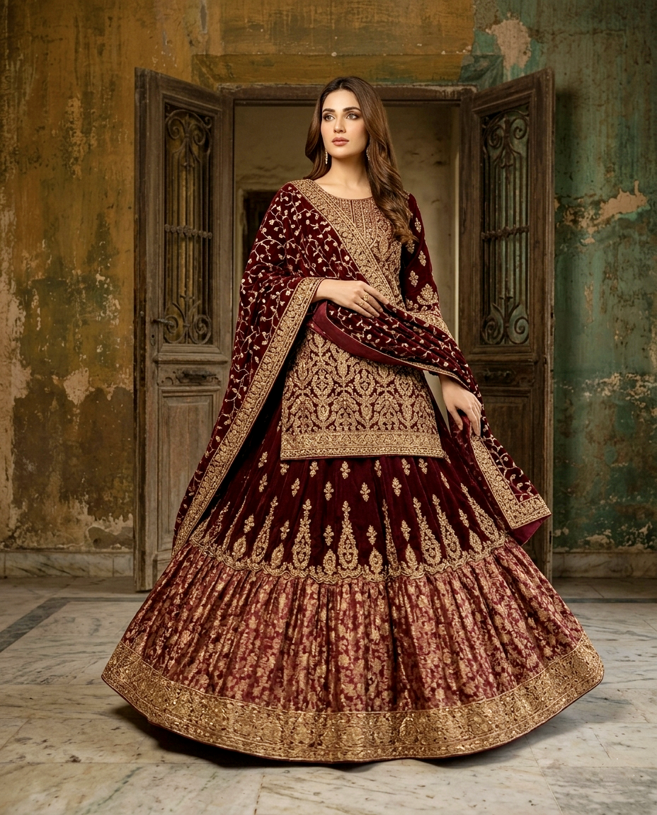 Banarsi Flair Maron Bridal (Unstitched)