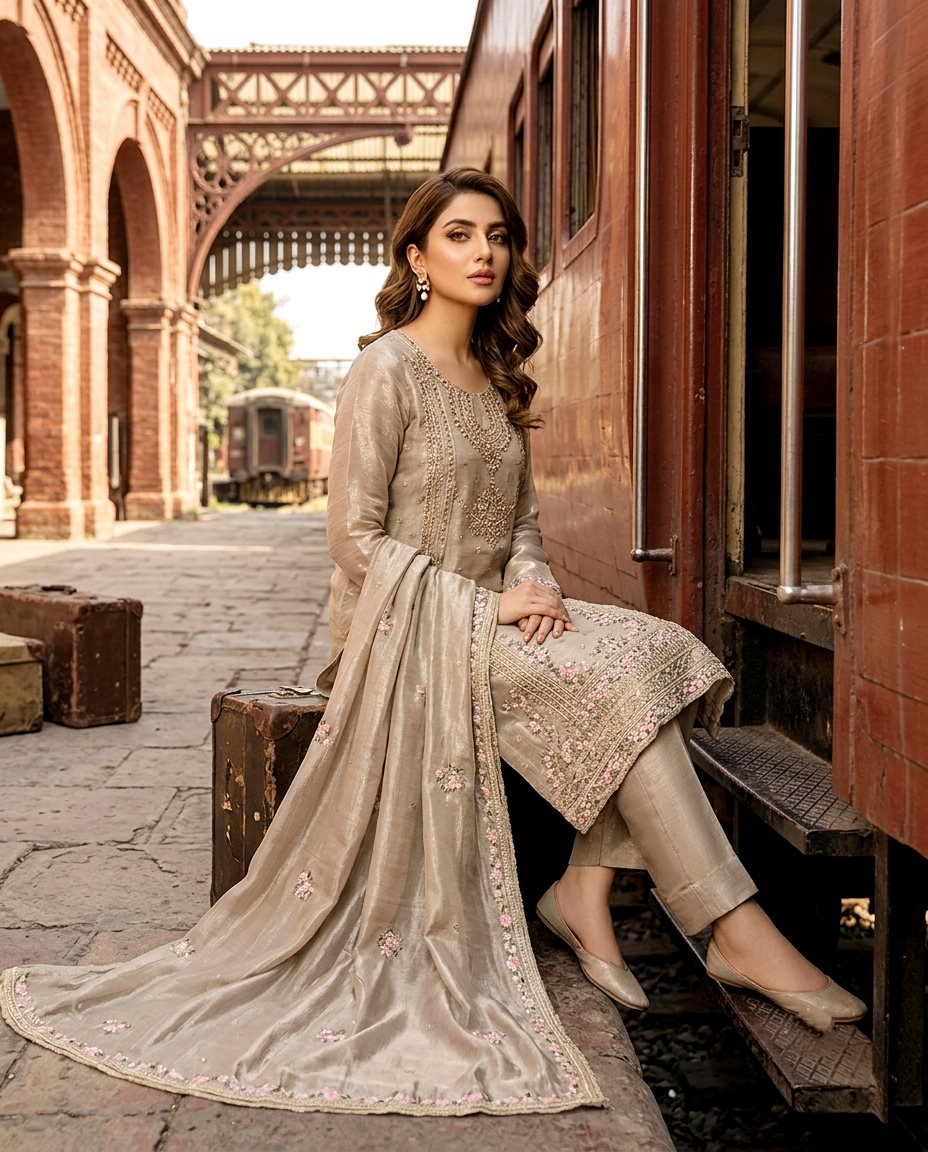 Azure Serenade 3 Pcs Embroidered Suit