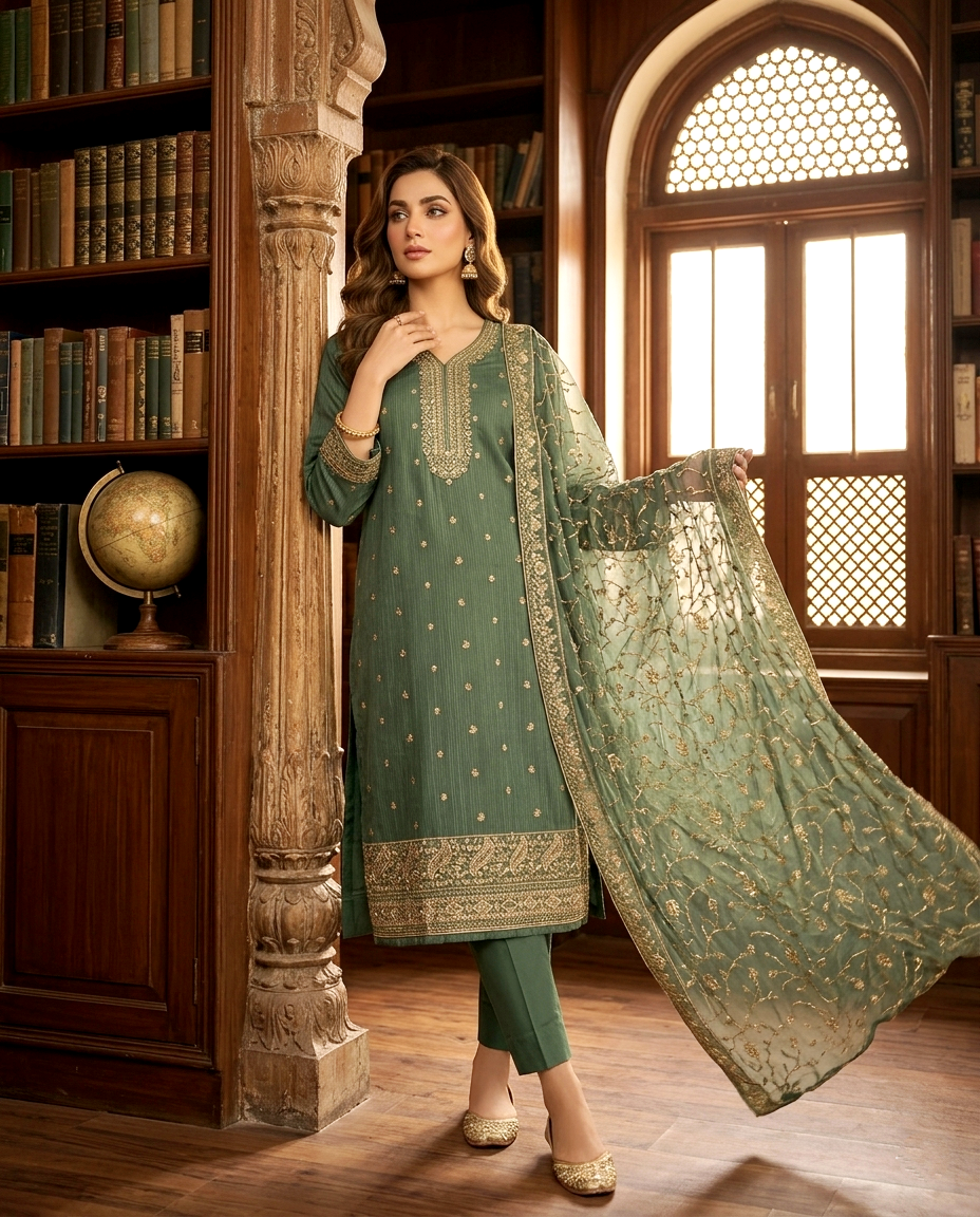 Emerald Allure Cotton Jacquard (Unstitched)