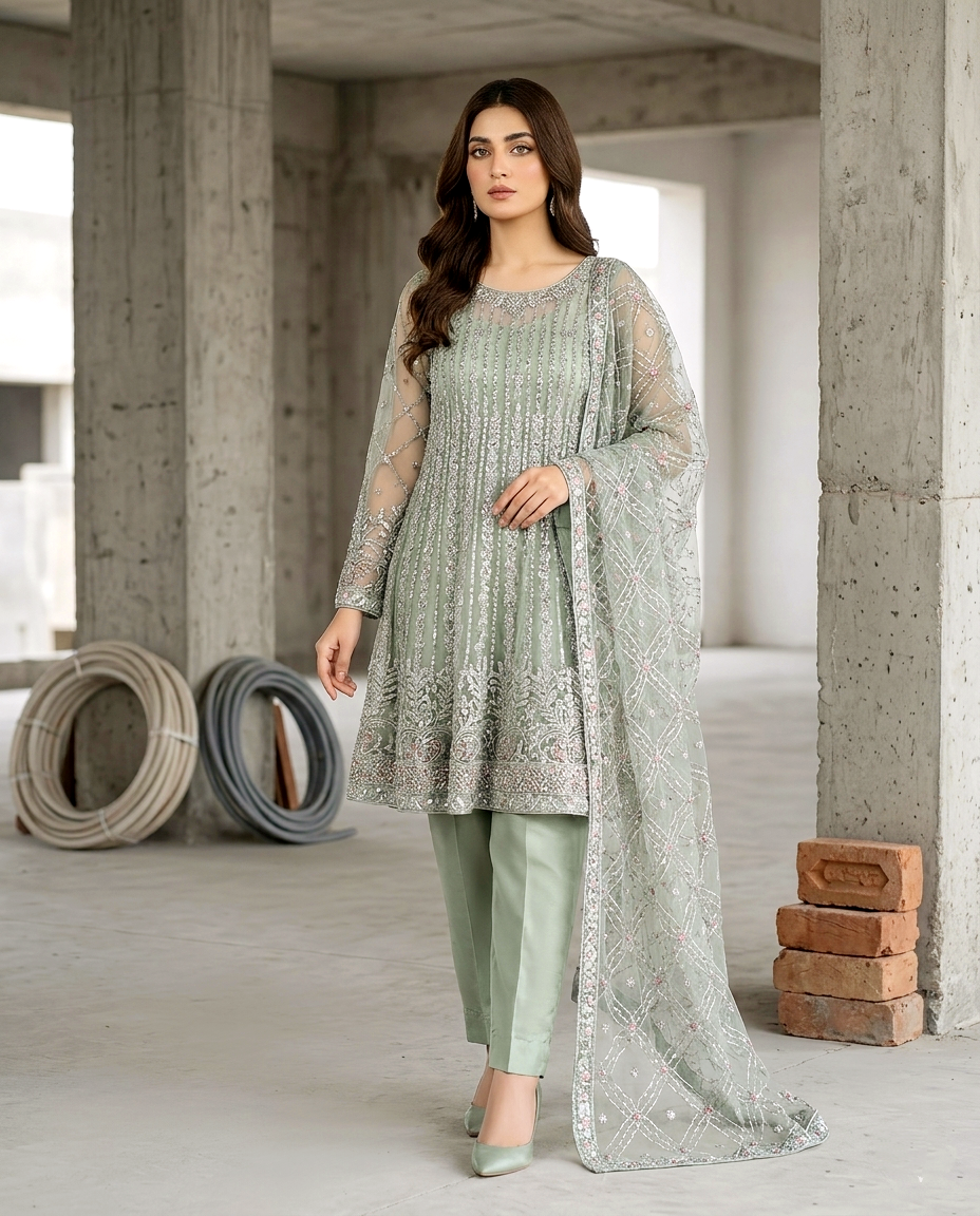 Zarnish 2 Net Short Frock (Semi Stitched)