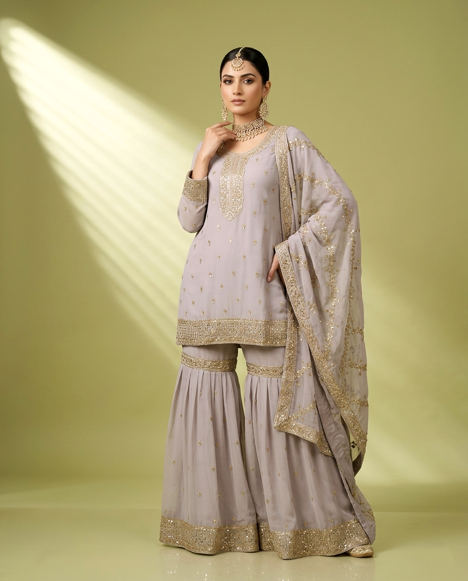 Chiffon Golden Zari Gharara Set (Stitched)