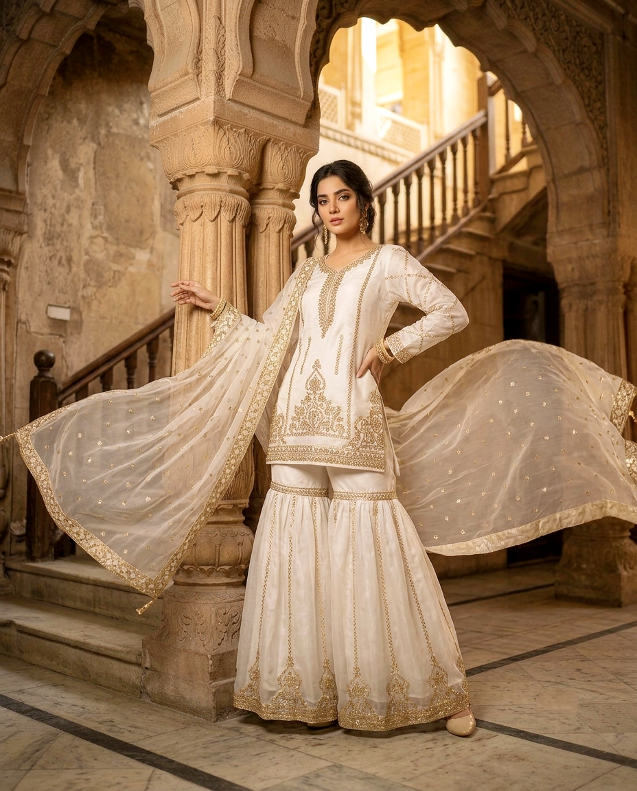 Afsaneh Ivory Organza Gharara Set