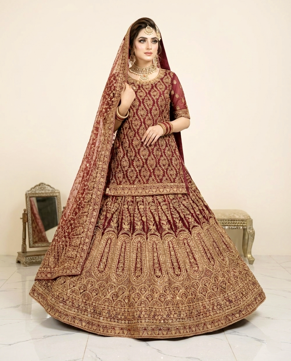 Zarkash Maroon Bridal Lehengha (Unstitched)