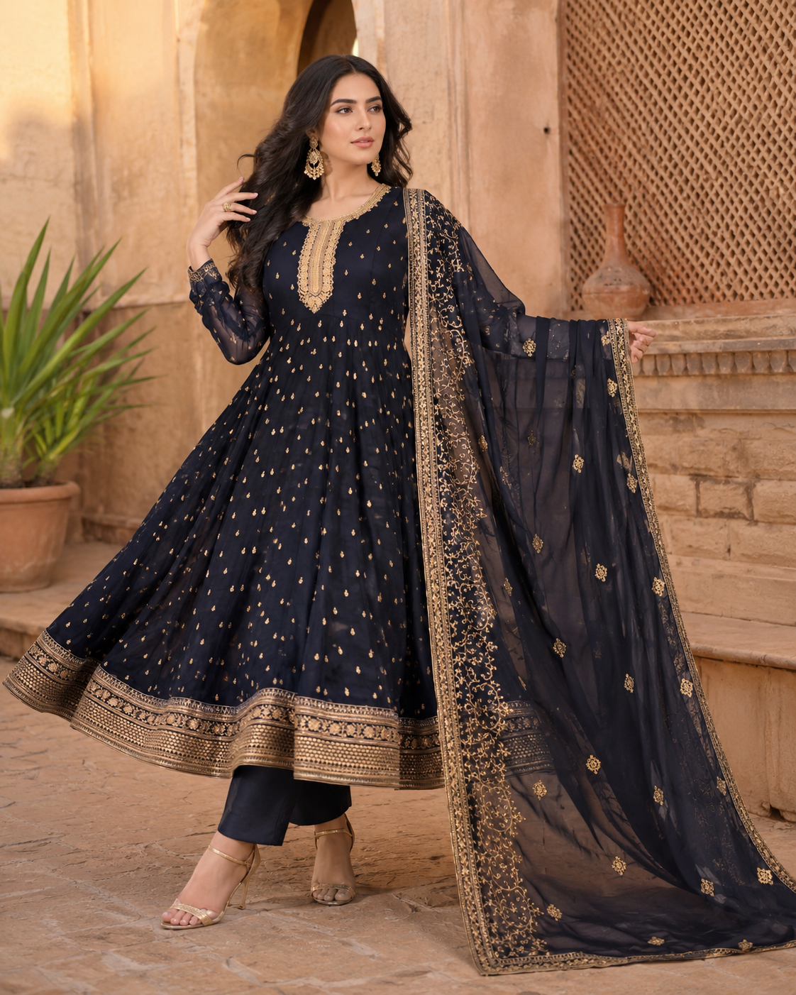 Chiffon Golden Zari Frock 726 (Unstitched)