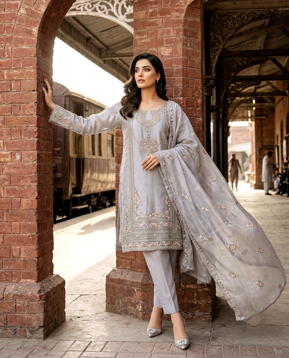 Azure Serenade 3 Pcs Embroidered Suit
