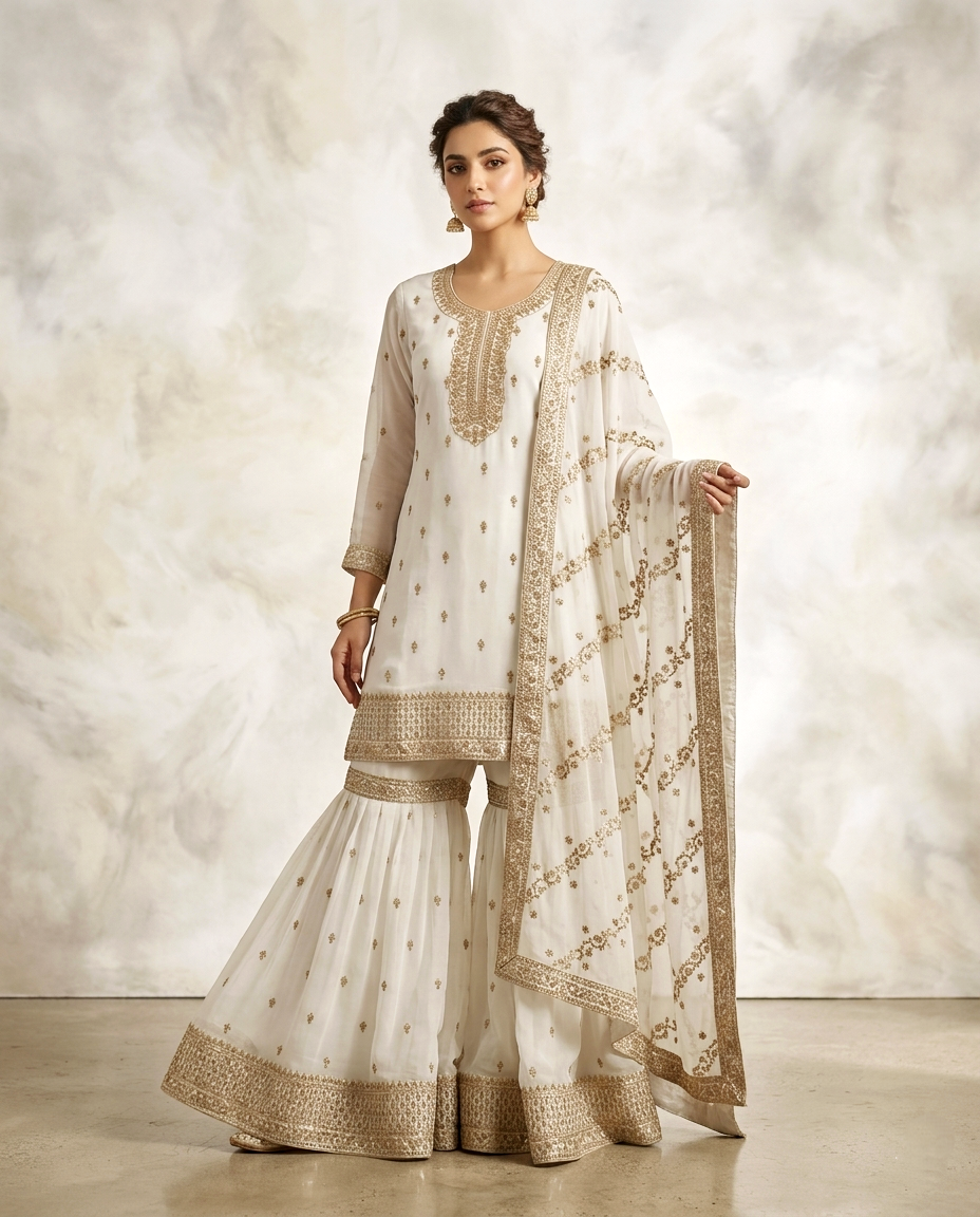 Chiffon Golden Zari Gharara Set (Stitched)