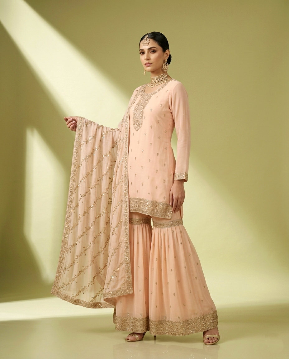 Chiffon Golden Zari Gharara Set (Stitched)