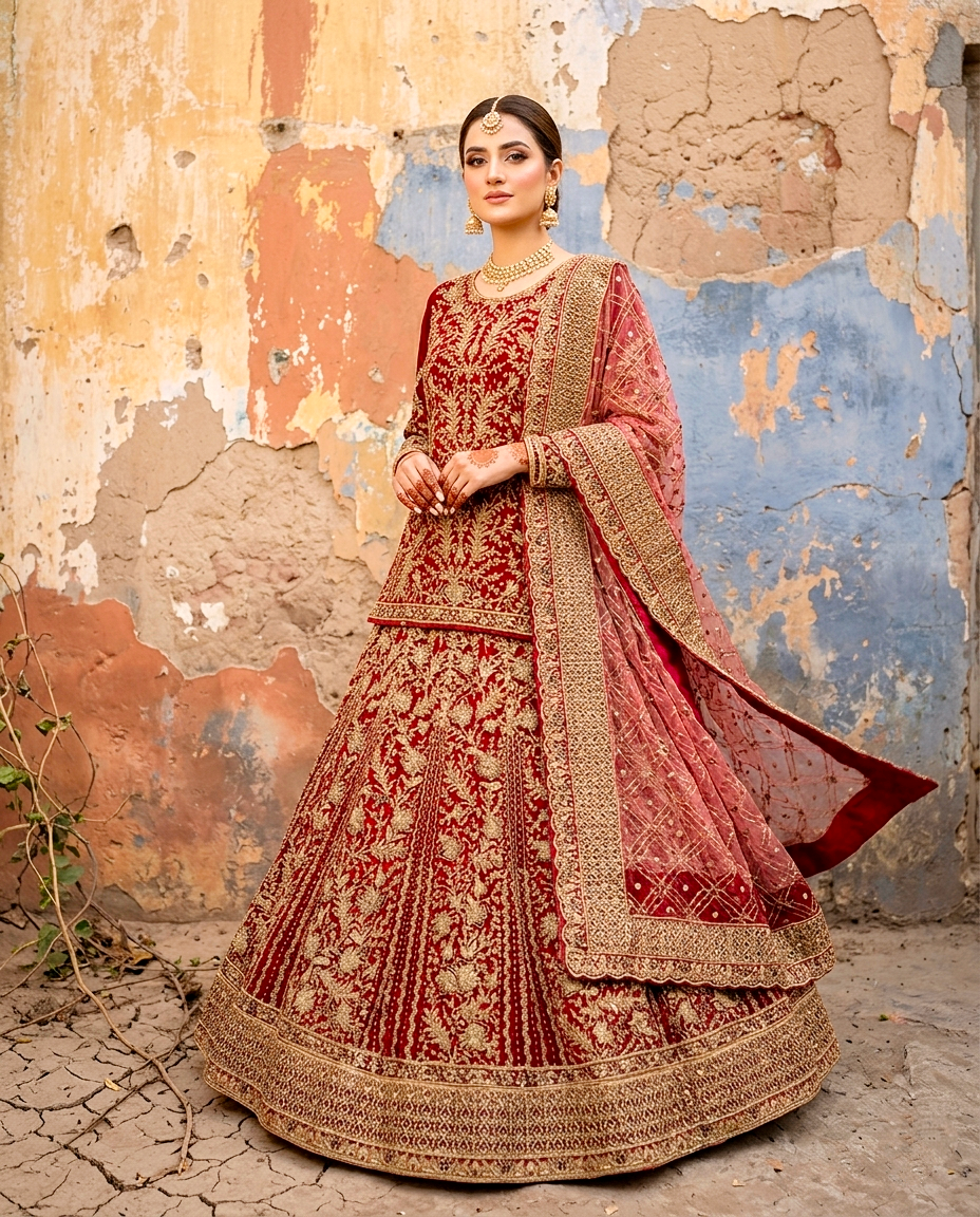 Classic Ruby Red & Gold Bridal Lehenga (Unstitched)
