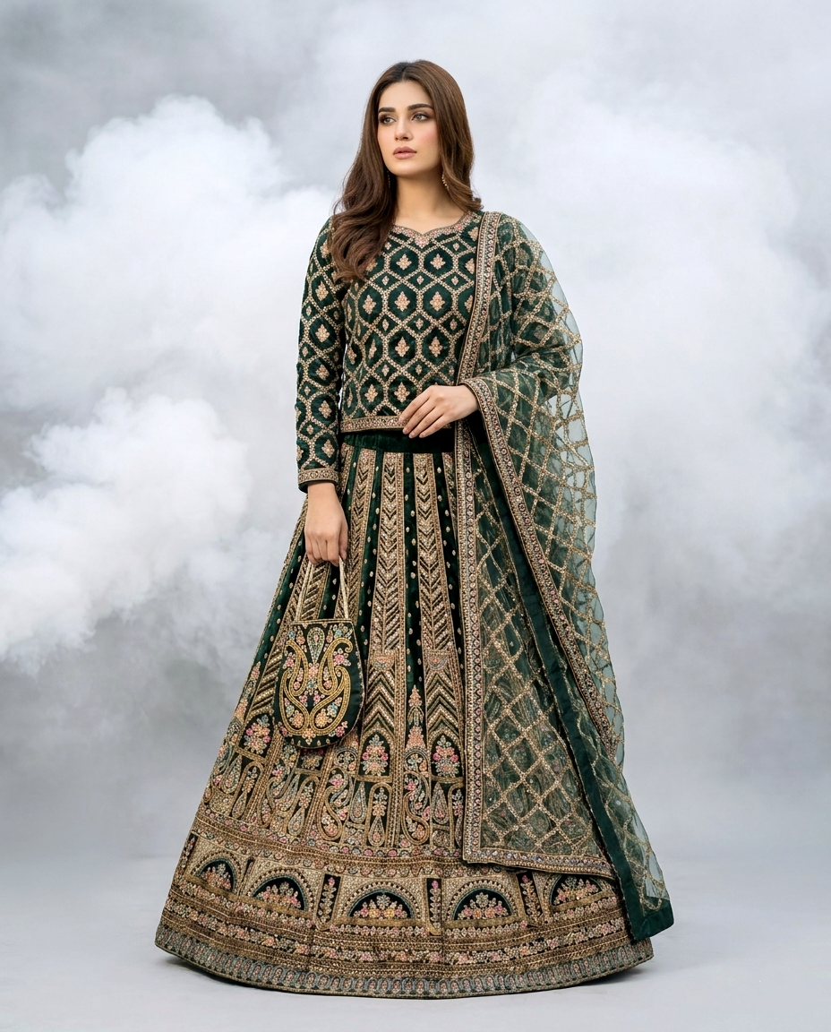 Ethereal Evergreen Vchetra Lehengha Set (Unstitched)
