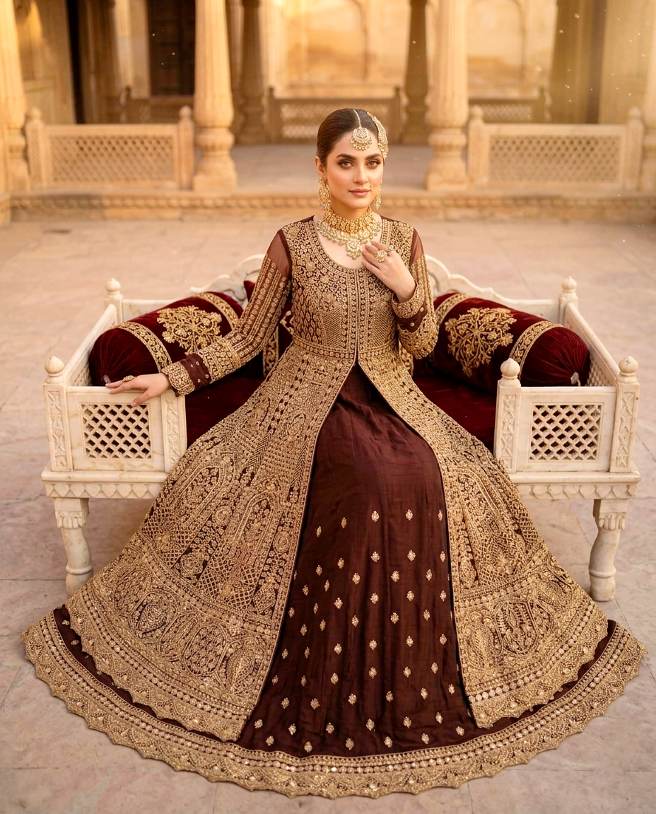 Mah-e-Meer Front Open Maxi With Lehengha