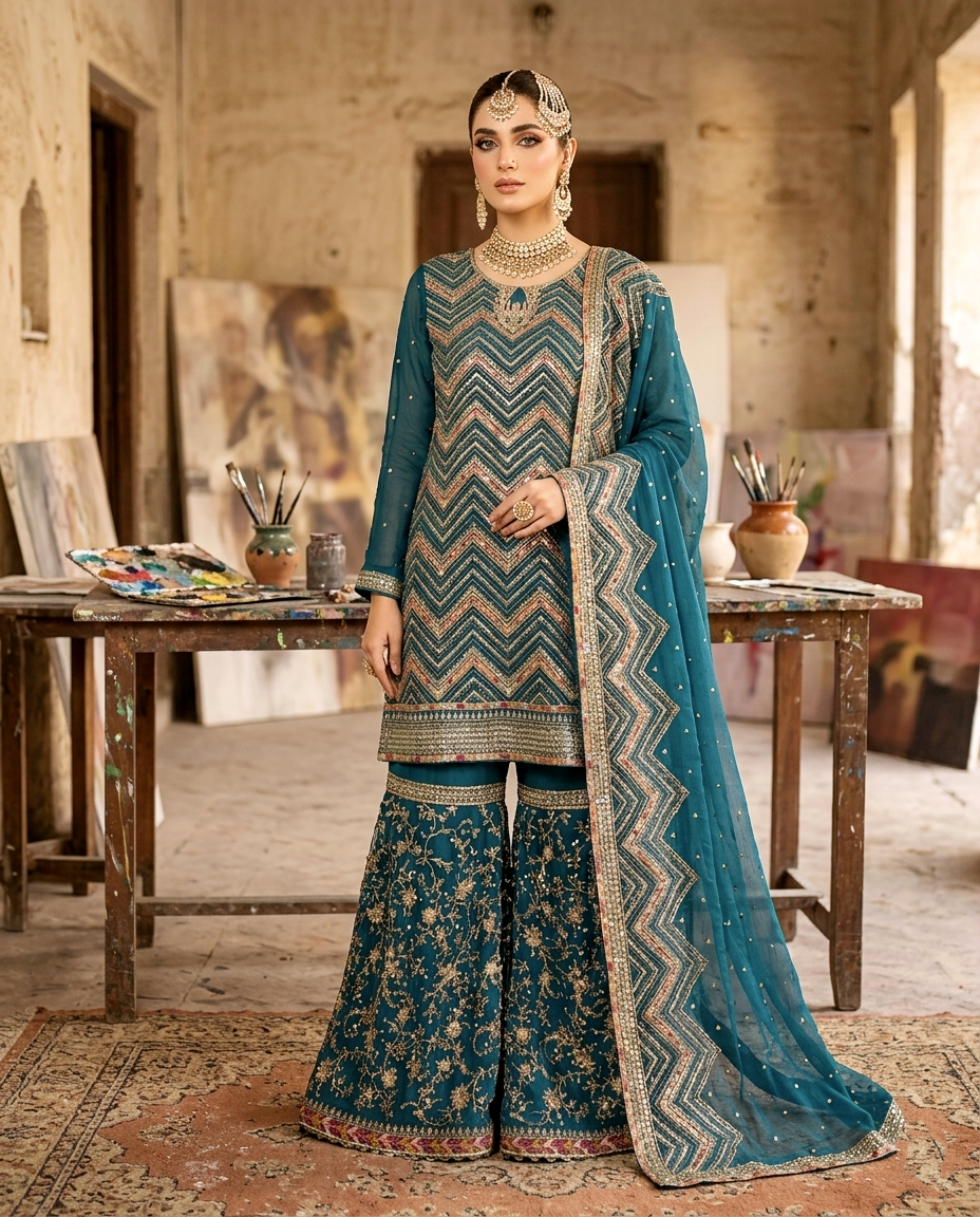 Multi Zari Embroidered Gharara Set (Unstitched)