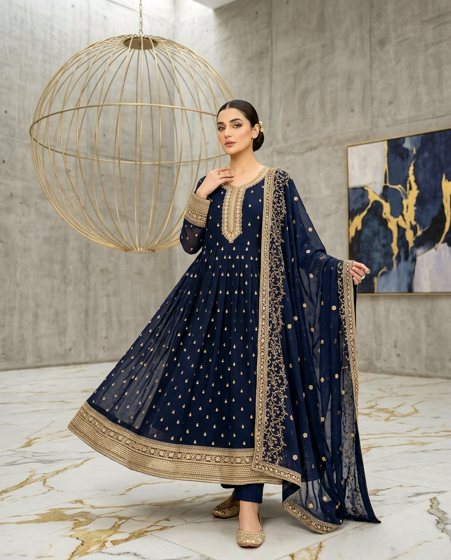 Chiffon Golden Zari Frock 726 (Unstitched)