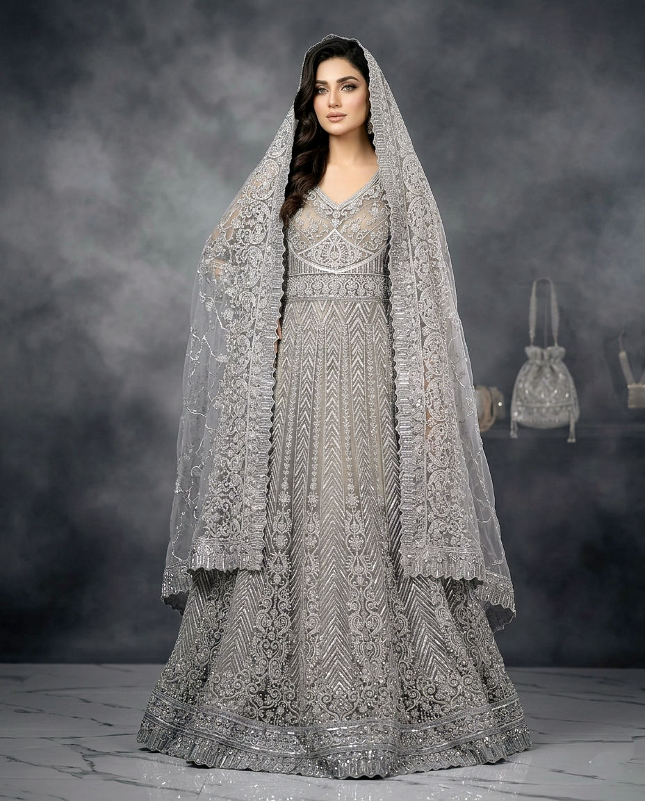 Silver Mirage Embellished Maxi (Unstitched)