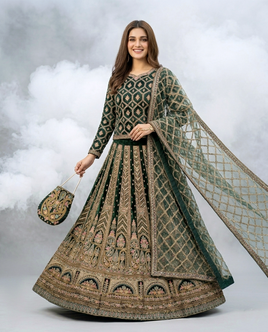 Ethereal Evergreen Vchetra Lehengha Set (Unstitched)