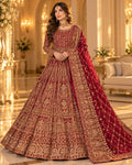 Shah-e-Gul maroon chiffon bridal lehenga unstitched with golden zari embroidery, stone work and embroidered dupatta
