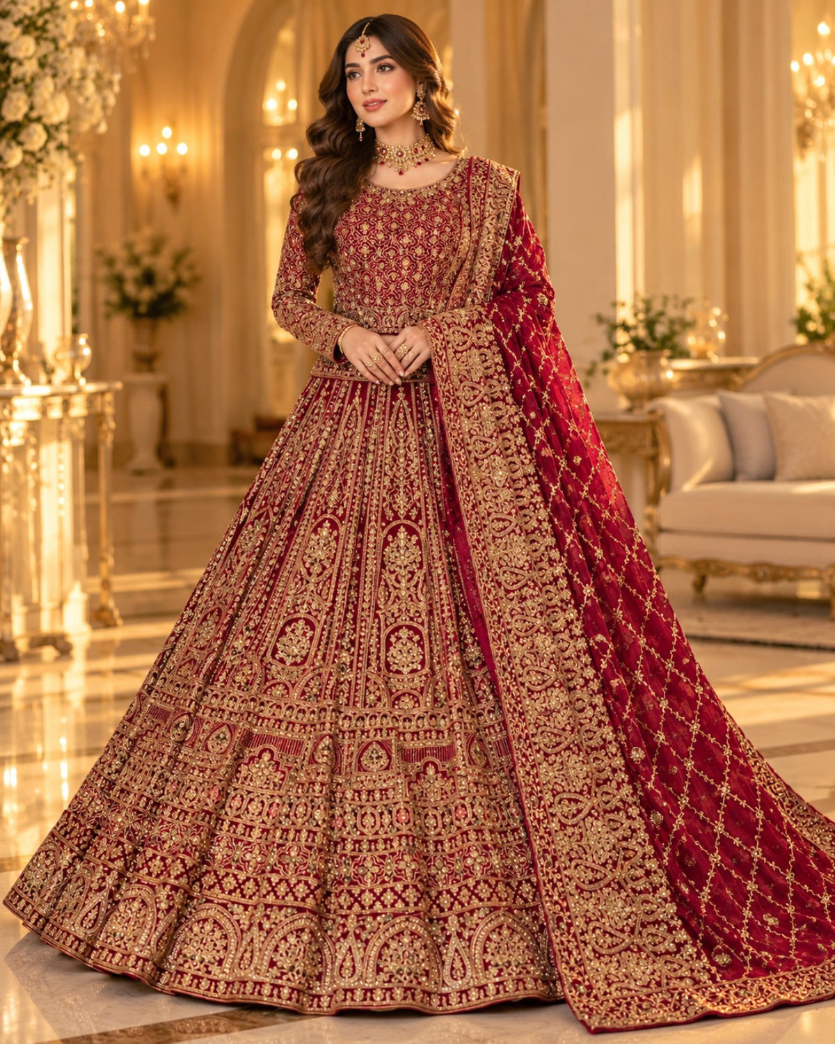 Shah-e-Gul maroon chiffon bridal lehenga unstitched with golden zari embroidery, stone work and embroidered dupatta